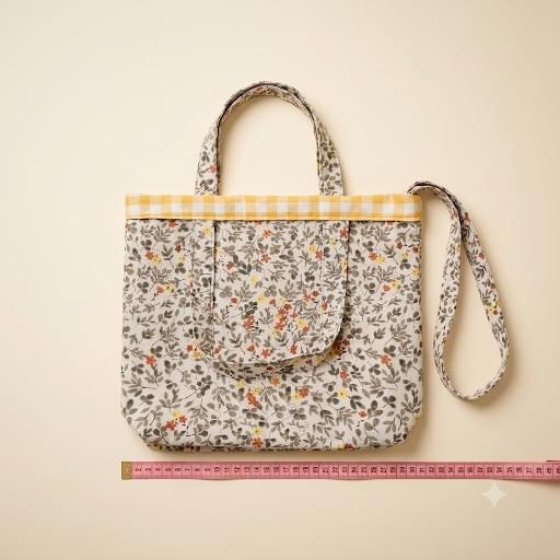 Bolso de tela con estampado floral en tonos amarillos y verdes, ribete de vichy amarillo, bolsillo delantero con solapa, asas cortas y correa bandolera, junto a una cinta métrica rosa