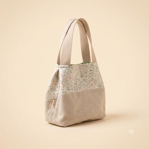 Bolso de mano con cuerpo superior de tela floral en tonos beige y verde, base de loneta beige lisa y asas de cincha, visto de tres cuartos sobre fondo crema