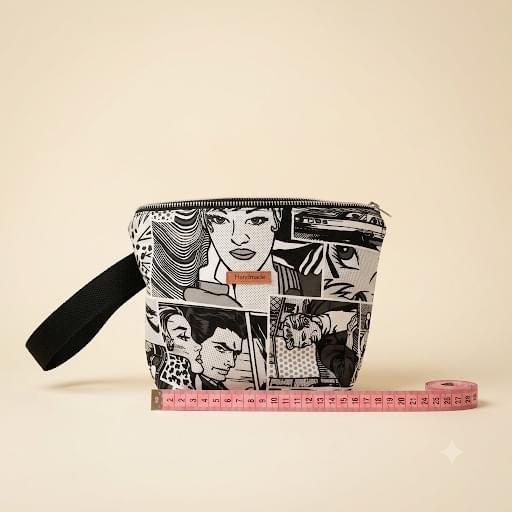 El neceser de estampado cómic visto de frente con una cinta métrica rosa extendida ante su base, que ronda los 22 cm de ancho.