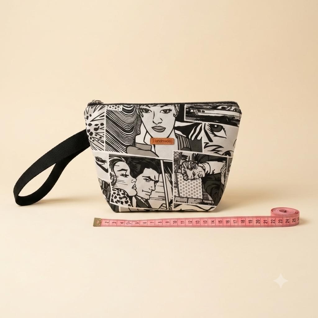 Neceser con estampado de viñetas de cómic pop-art en blanco y negro, cremallera negra, asa de cincha negra y etiqueta Handmade, junto a una cinta métrica rosa.