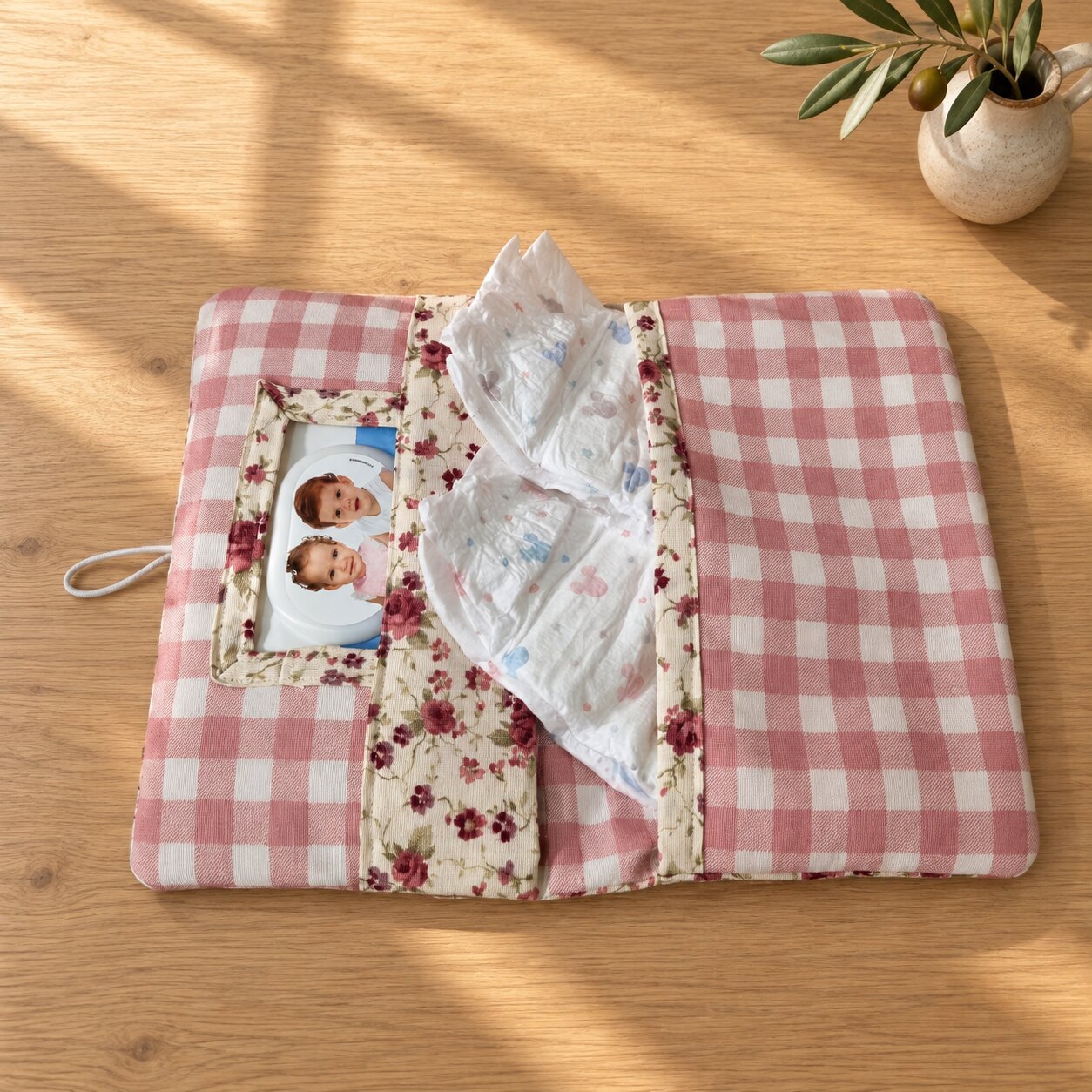 Pañalera de tela abierta, de vichy rosa con tiras de rositas, con el paquete de toallitas en un bolsillo con ventana y pañales en otro, sobre una mesa de roble