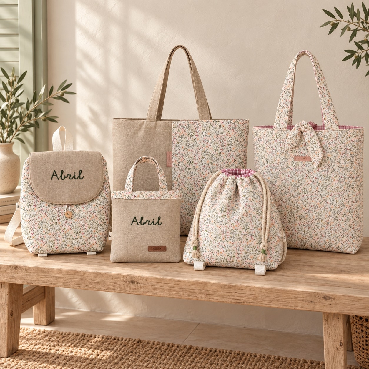 Las cinco piezas de Ramitas de Melocotón: mochila y bolsita «Abril», bolso bicolor, saco y bolso floral con lazo, sobre un banco de madera con olivo y contraventanas verde salvia