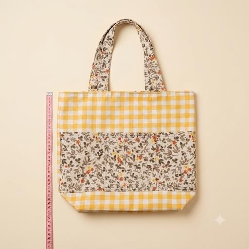 Bolsa tote de vichy amarillo y blanco con bolsillo delantero y asas de tela floral, junto a una cinta métrica