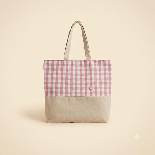 Bolsa tote de cuadros vichy rosa y blanco con base de lino natural, botón de madera y asas largas de tela, vista de frente